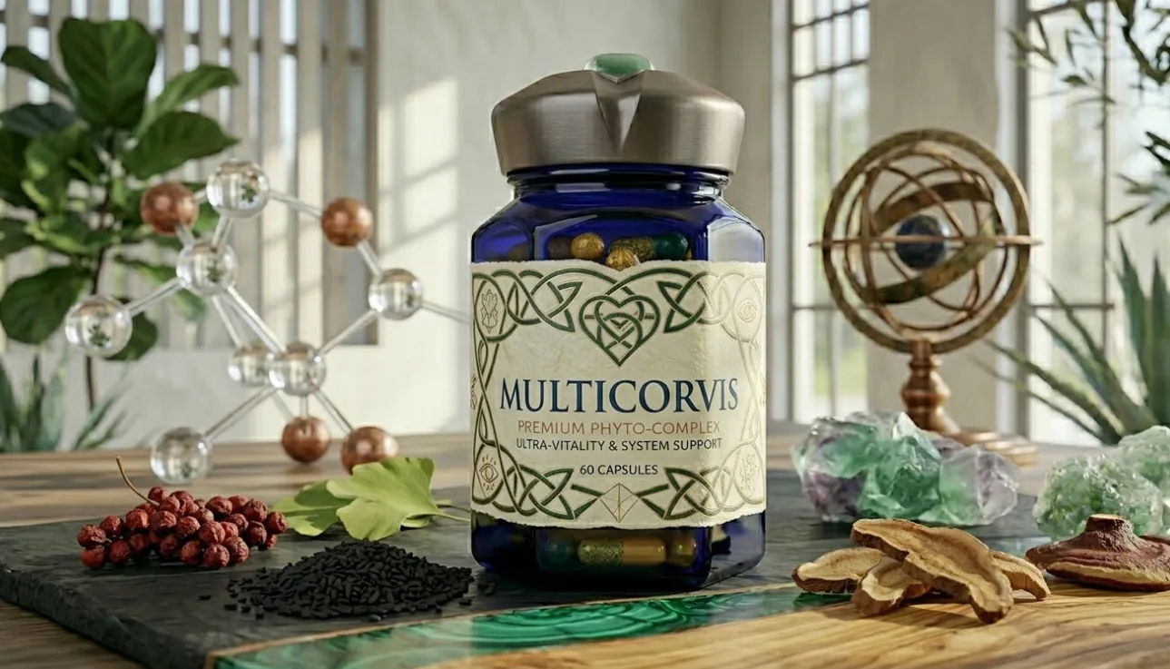 Multicorvis supplement packaging on a neutral studio surface